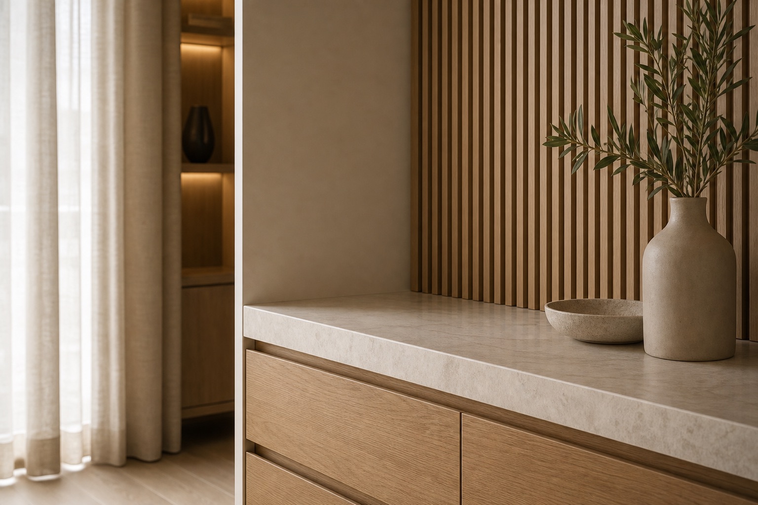 Warm interior material detail showing wood, stone and soft natural light