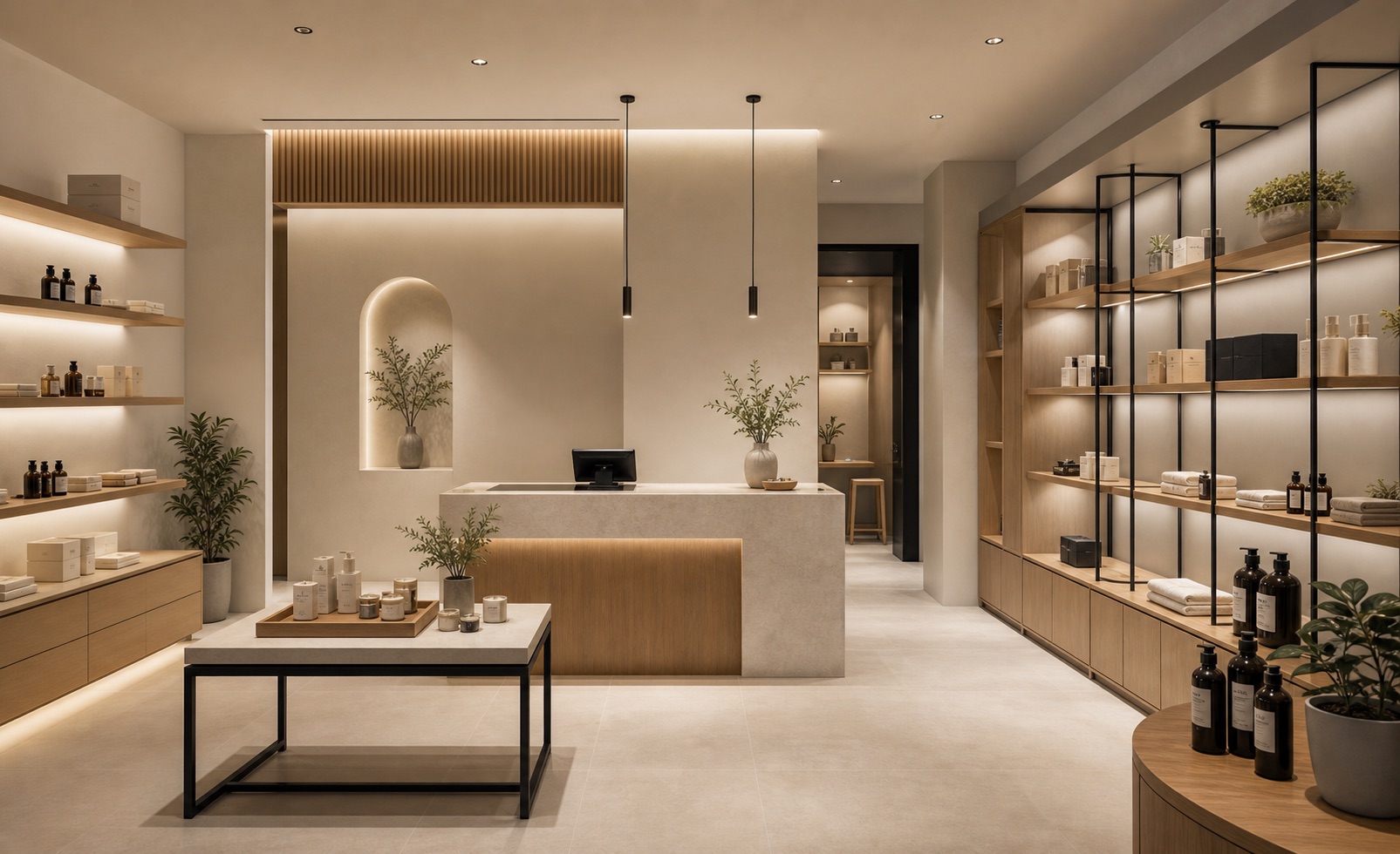 Completed warm minimalist commercial retail interior