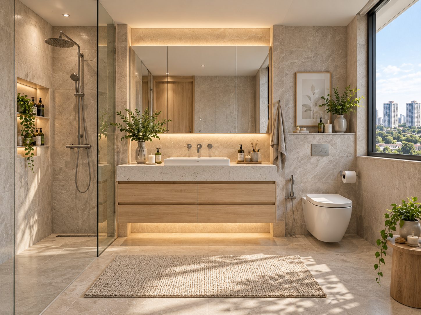 Condo design concept: bathroom with floating oak vanity, stone tiles and walk-in shower