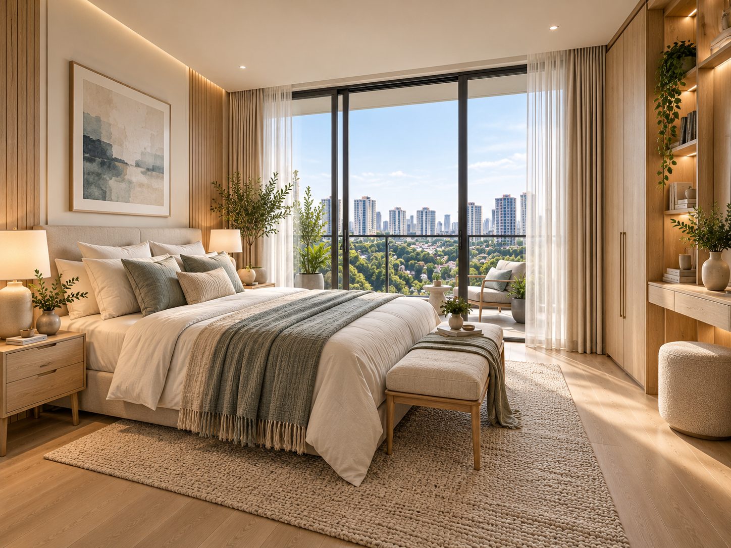 Condo design concept: calm bedroom with timber panelling, full-height wardrobe and balcony