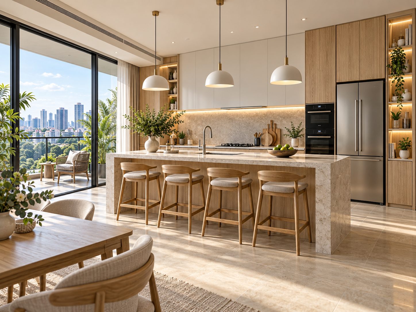Condo design concept: kitchen island with pendant lights, oak cabinets and built-in appliances