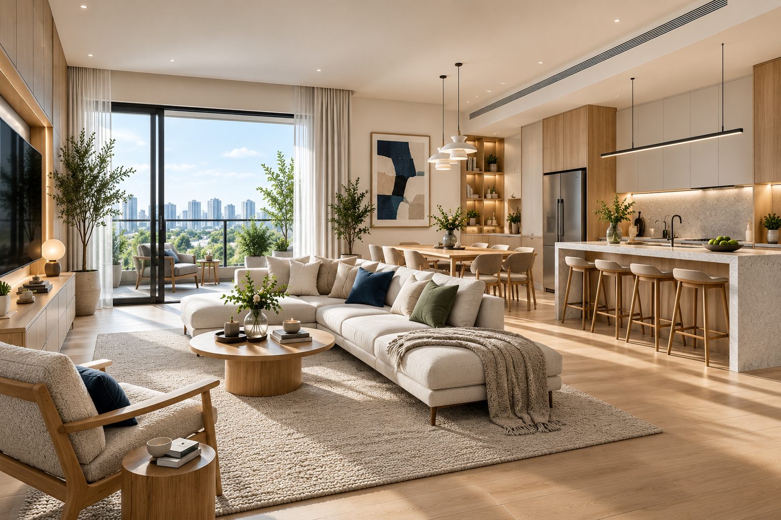 Condo design concept: open living room, dining and kitchen island in light oak and stone