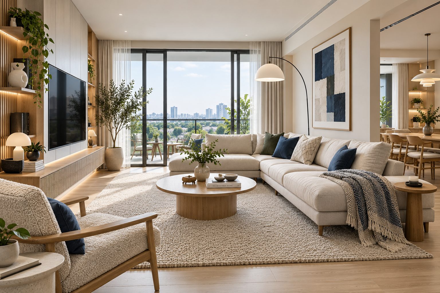 Condo design concept: living room with oak TV wall, low sofa and balcony view