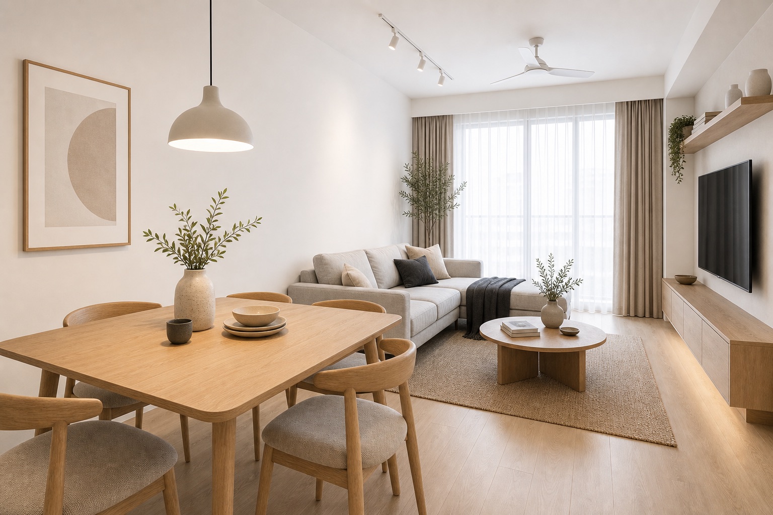Scandinavian condo dining and kitchen area with warm wood and soft lighting