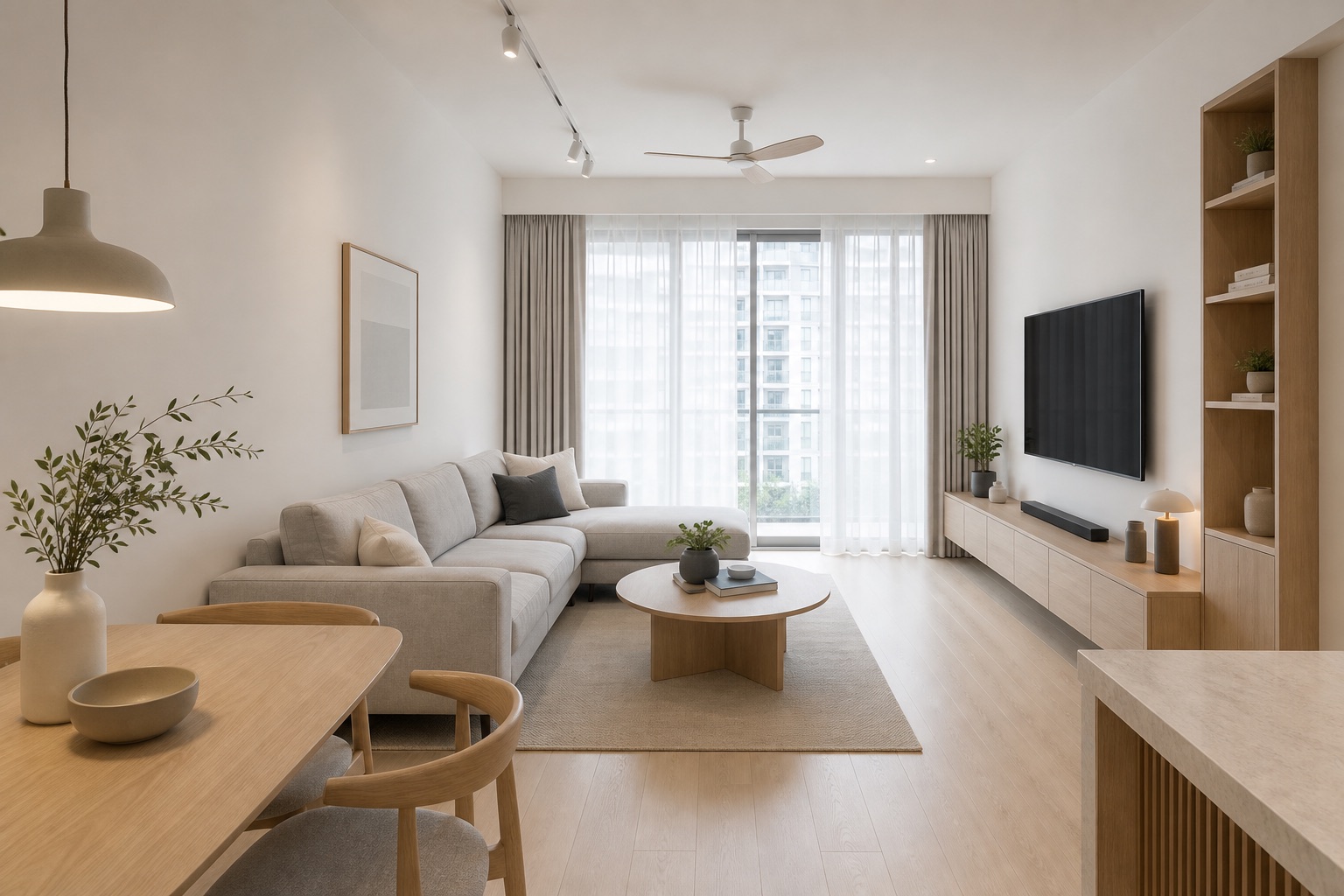 Bright Scandinavian condo living room with pale wood and soft grey sofa