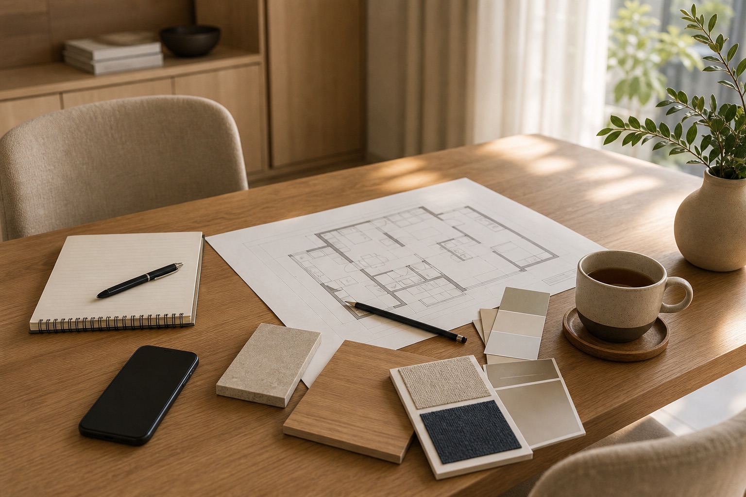 Warm renovation consultation preparation with floor plan, material samples and notebook