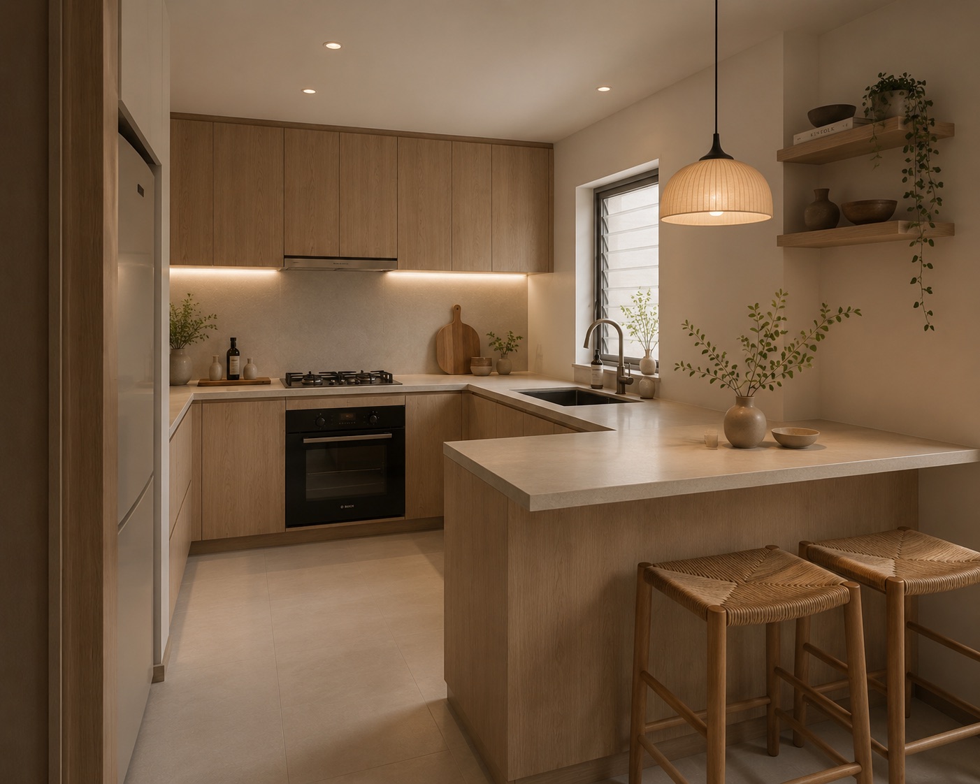Warm HDB kitchen interior design with light wood cabinets and practical counter space
