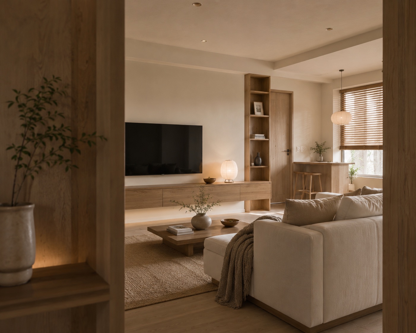Warm Japandi living room with wood details, soft lighting and calm residential styling