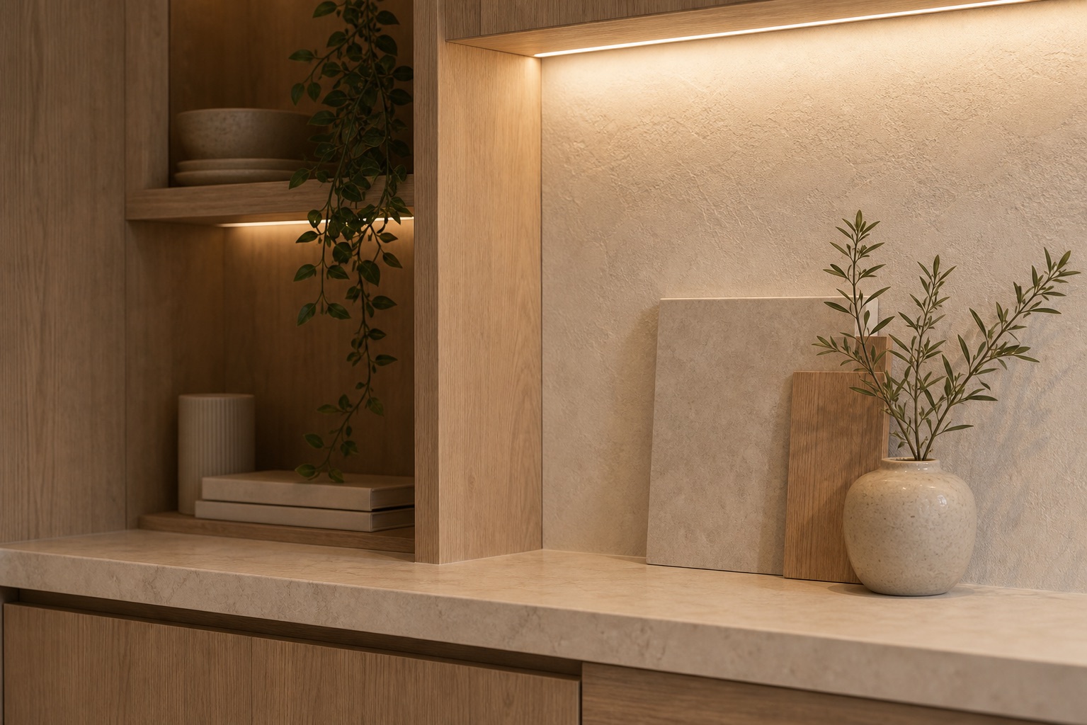 Warm palette of wood, stone and textured interior finishes