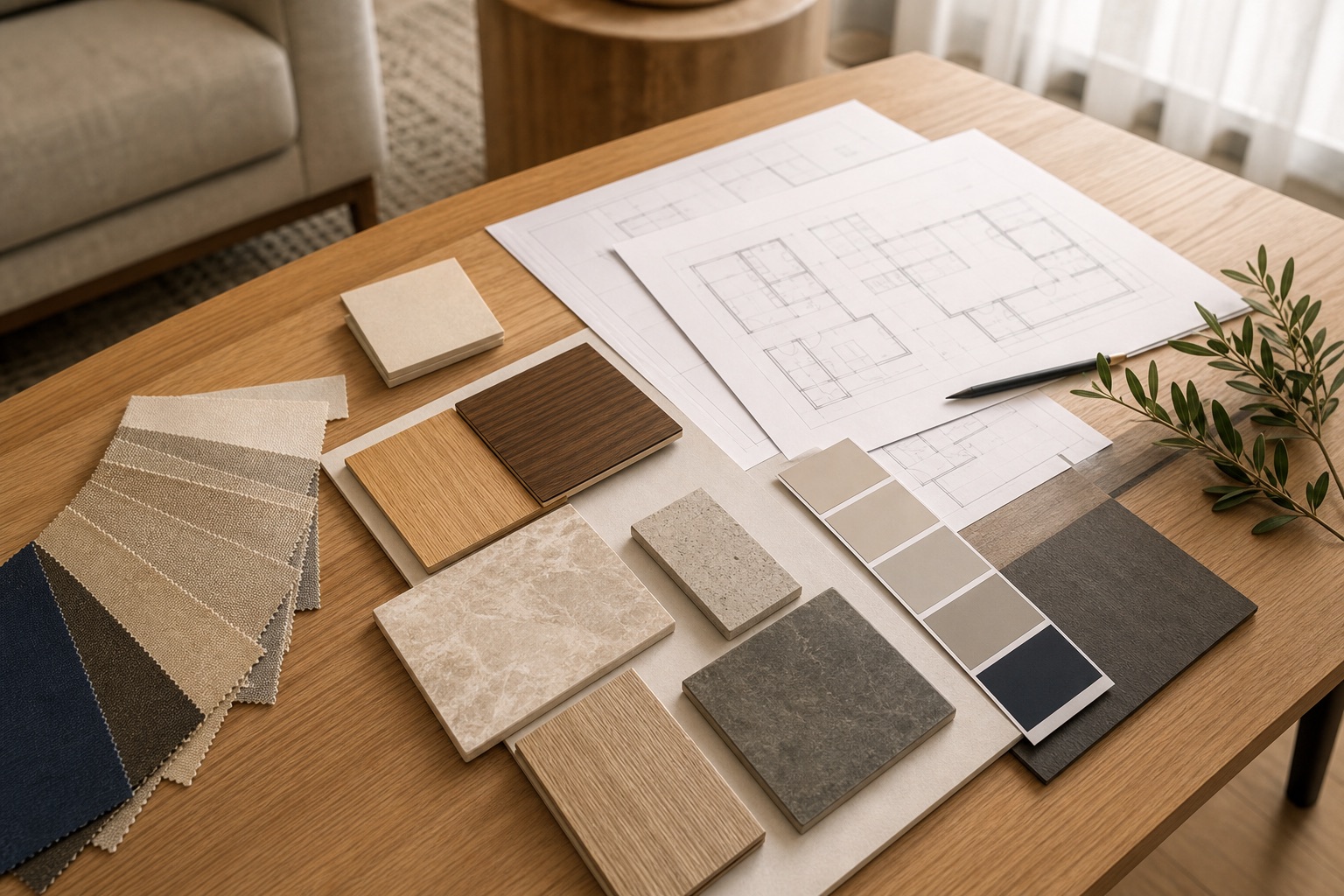 Warm material selection scene for interior design collaboration