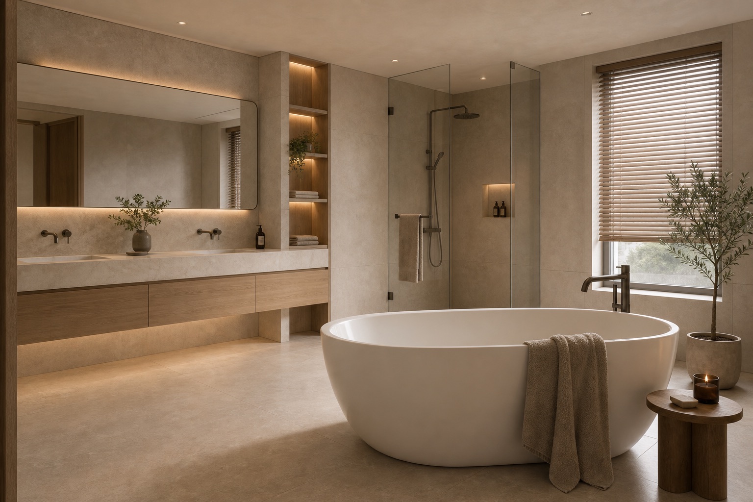 Warm landed home bathroom with bathtub, stone textures and soft lighting