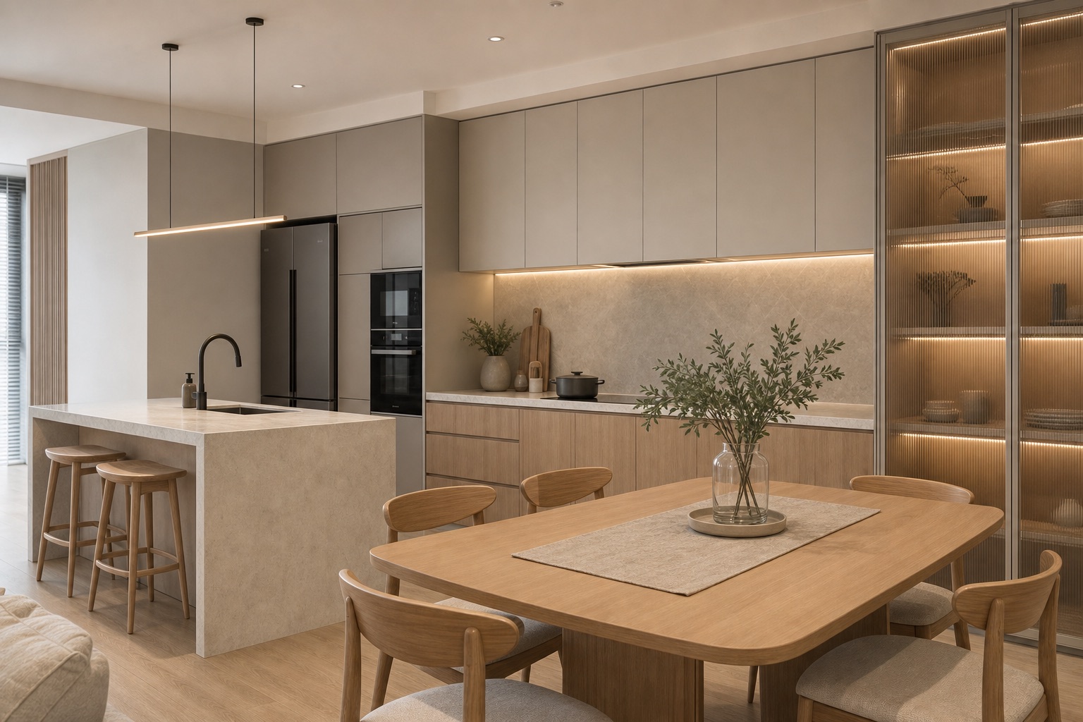 Minimalist condo kitchen and dining area with warm neutral finishes