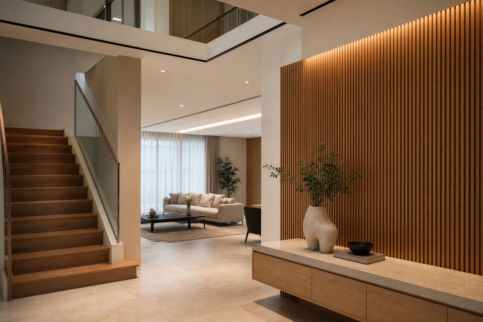 Modern landed home interior detail with warm materials