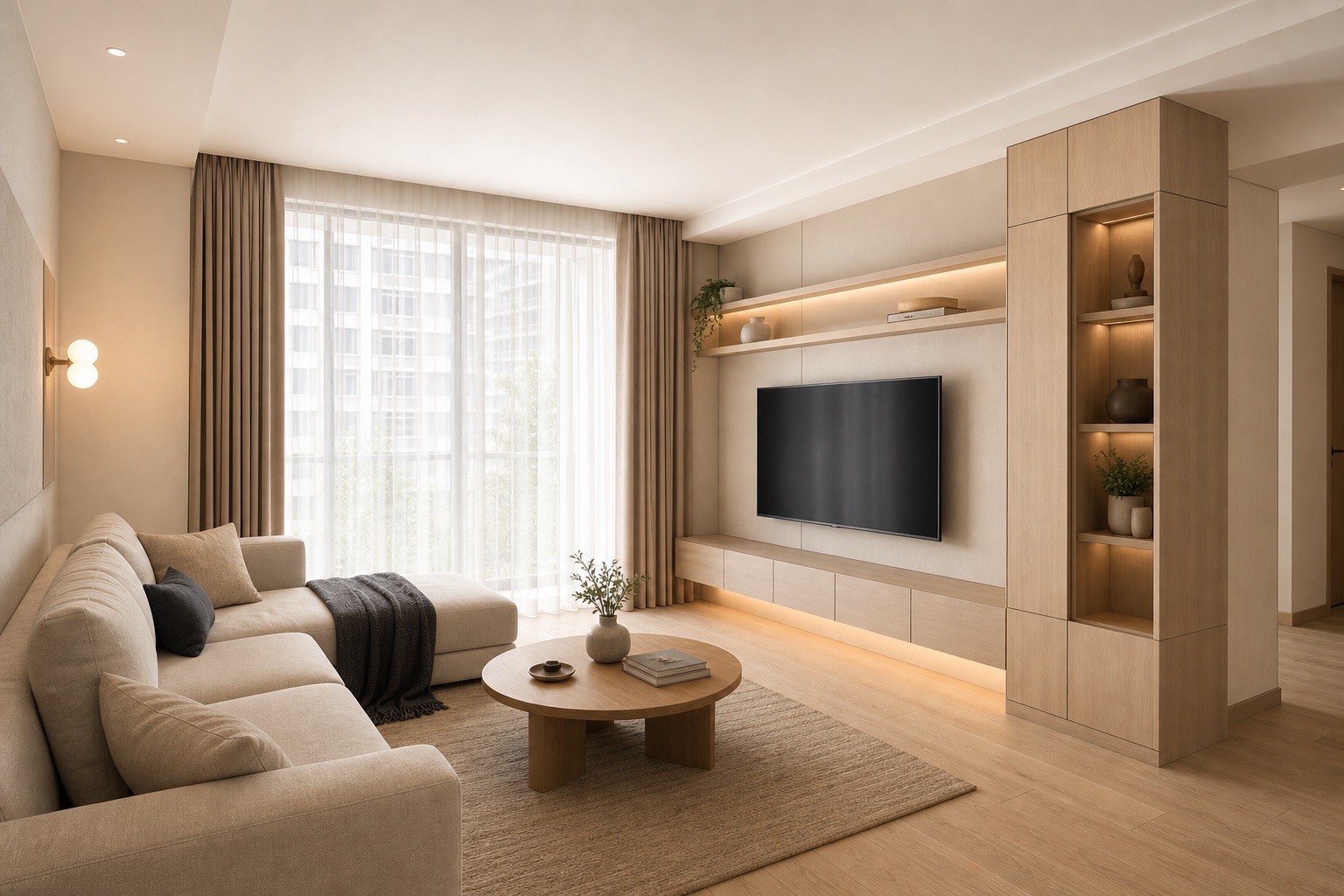 Warm Japandi HDB living room with light wood storage and calm styling